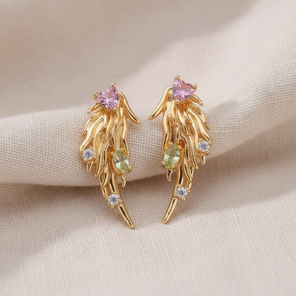 Wing Zara Gold Crystal Heart Leaf Earrings Wings Feather Stud VTG CZ Molten Boho